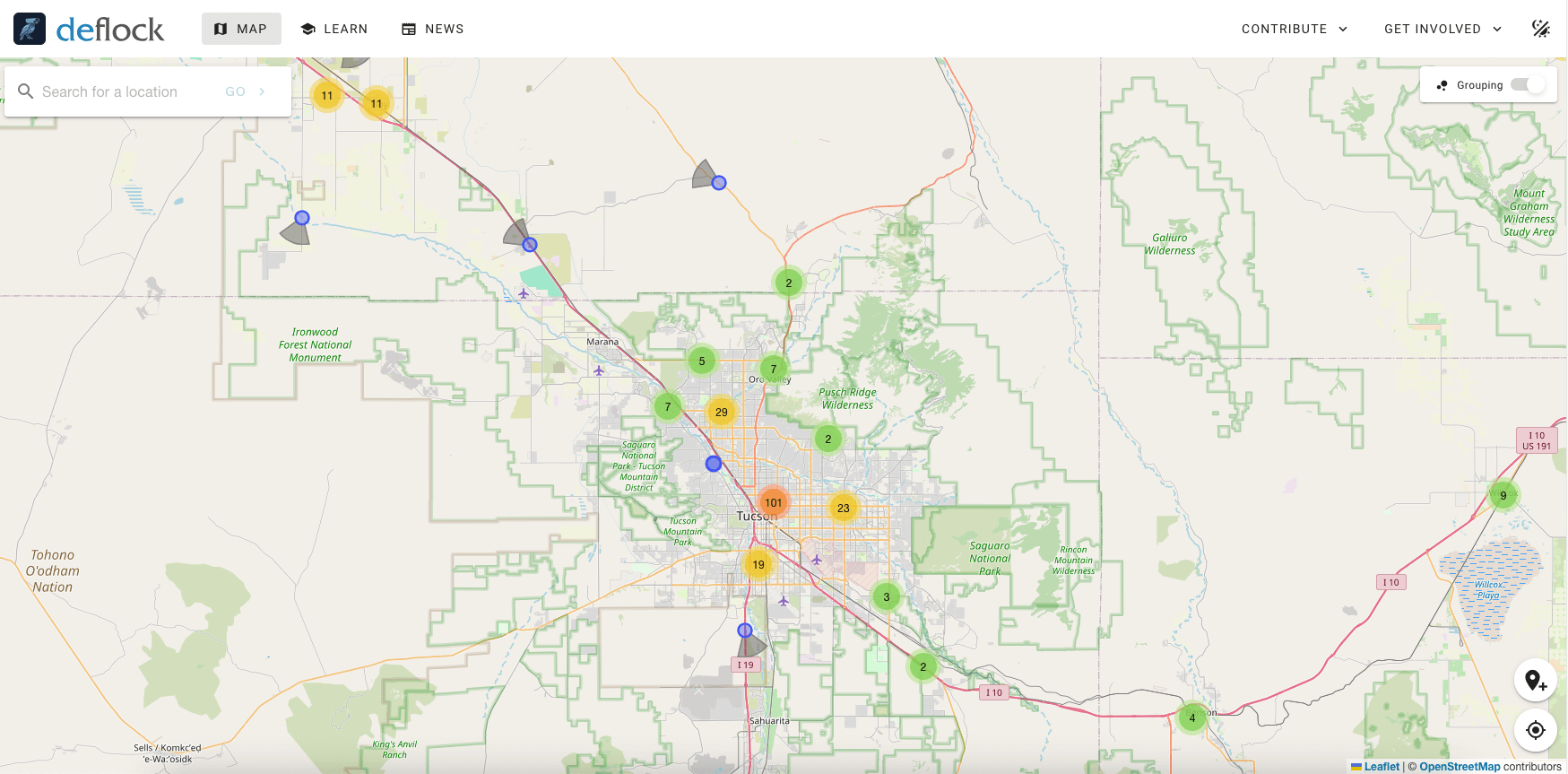 map of 202 ALPR cameras from deflock.me